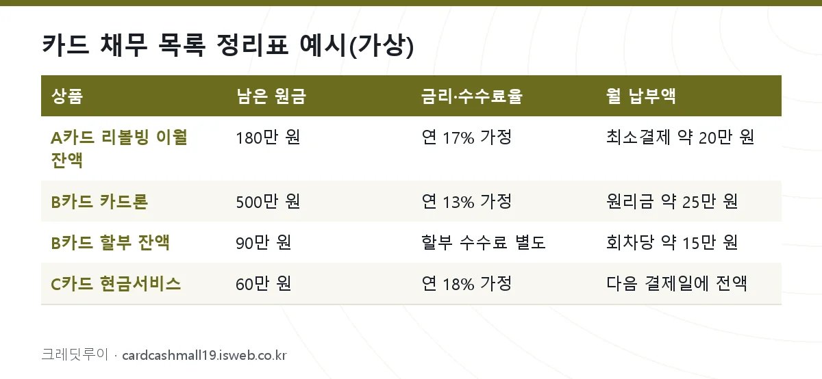 카드 채무 상환 계획 카드 채무 목록 정리표 예시(가상)